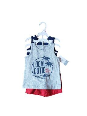 Carters Baby Boy 3-Piece Outfit Set 9M Tank Tops & Shark Shorts Cotton Gray/Navy